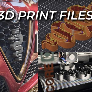 Può includere: Immagine con il testo "3D PRINT FILES", un primo piano della griglia anteriore di un'auto con un logo, rendering di modelli 3D e una stampante 3D in funzione. Il logo è un serpente coronato.