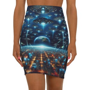 Cosmic Alien Print Mid-Waist Pencil Skirt - Futuristic Style for Sci-Fi Lovers