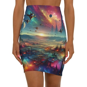 Cosmic Fantasy Women&#39;s Mid-Waist Pencil Skirt - Sci-Fi Landscape Design