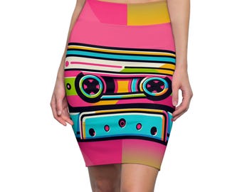 Retro Cassette Women's Pencil Skirt - Colorful Cassette Tape Design for Music Lovers
