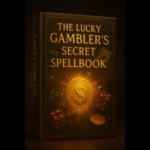 Könnte beinhalten: Ein dunkelbraunes Buch mit dem Titel "The Lucky Gambler's Secret Spellbook" in goldener Schrift. Das Cover zeigt eine Goldmünze mit Dollarzeichen, Würfeln, einem vierblättrigen Kleeblatt und einer Spielkarte.
