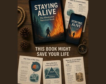 以下が含まれることがあります： タブレットとスマートフォンに、イラスト入りのサバイバルブック「Staying Alive」の表紙が表示されています。画像には、火に向かって歩く人が描かれています。追加のサバイバルガイドとコンパスも表示されています。「This book might save your life」というテキスト。