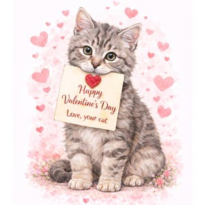 Utskrivbar väggkonst för alla hjärtans dag-katt | Kattunge med kärleksbrev | Romantisk katt | Digital nedladdning av present