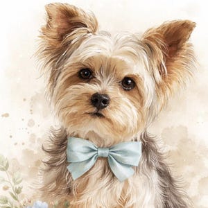 May include: Watercolor portrait of a Yorkshire Terrier dog with brown and tan fur, wearing a light blue bow tie. The dog has large, expressive eyes and perky ears. The background has soft, neutral tones.