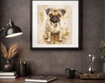 Matte poster met portret van aquarel mopshond | Hondenkunstprint, muurdecoratie kinderkamer