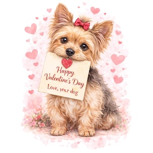 Yorkshire terrier alla hjärtans dag-konst, romantisk hundillustration (digital nedladdning)