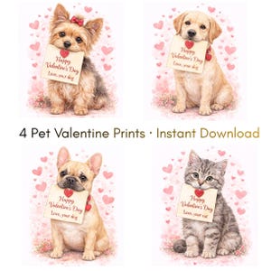 Alla hjärtans dag-paket med husdjur, 4 djurtryck, hund- och kattkärlekskonst, digital nedladdning