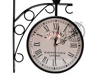 Victorian Railway Station Clock, Double-Sided Black Finish Iron Wall Mount Timepiece