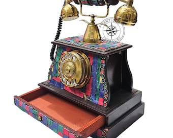 Etched Wood Victorian Old Rotary Style Brass Working Telephone Home Decor Piece for Sale.