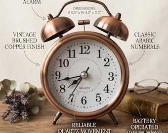 Vintage Brass Alarm Clock, Antique Copper Finish, Roman Numeral Desk Clock (3 Inch), Halloween Gothic Decor