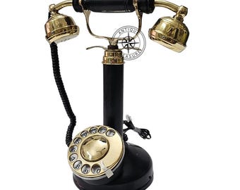 Black Colour Antique Retro Style Working Brass Candle Stick Rotary Telephone.