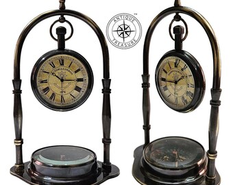 Personalized Antique Brass Victorian Clock with Compass – Nautical Tabletop Decor Piece