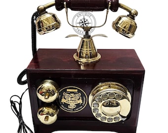 Maharaja Vintage Style Rotary Telephone, Wooden Brass Desk Phone, Antique Office Decor