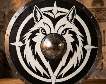 Handcrafted Viking Wolf Shield | Medieval Round Wooden Decor (24 Inch)