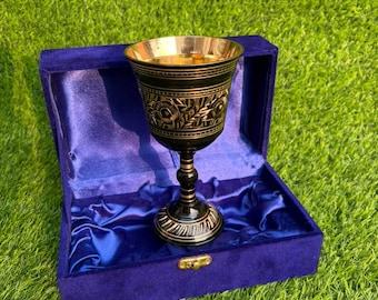 Engraved Brass Goblet | Medieval Chalice with Royal Blue Velvet Box