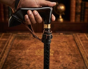 Handmade Horse Shoe Handle Walking Stick | Engraved Wood, Leather Strap (37 Inch)