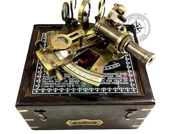 Brass Nautical Sextant with Engraved Wooden Box – Antique Maritime Navigation Instrument