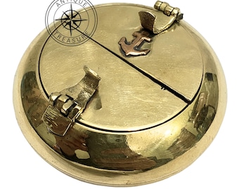 Handmade Brass Ashtray with Anchor Detail - Polished Pocket Tobacco Holder (3.5 inch)