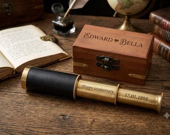 Personalized Brass Telescope with Wooden Case – Engraved Nautical Spyglass, 3X Zoom Maritime Gift