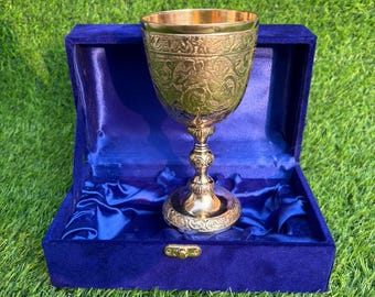 Vintage Brass Goblet | Royal Blue Velvet Box, Medieval Chalice Gift