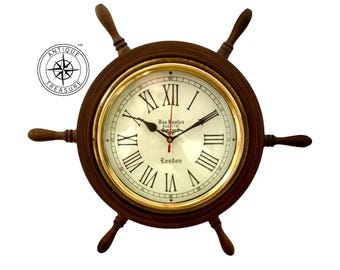 Nautical Ship Wheel Clock, Wooden Maritime Decor, Vintage Coastal Beach House Helm (18 Inch)
