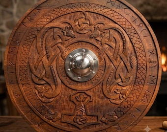 Handcrafted Viking Wooden Shield | Norse Dragon Carved Wall Decor (24 Inch), Halloween Gothic