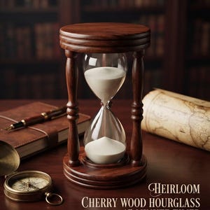 Op de afbeelding: Een zandloper van kersenhout met wit zand, voorzien van een timer van 15 minuten. De tekst op de afbeelding luidt: HEIRLOOM CHERRY WOOD HOURGLASS - 15 MINUTE TIMER HANDCRAFTED, VINTAGE-INSPIRED. De zandloper heeft een frame van donker hout.