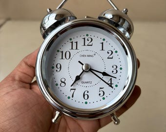 Vintage Silver Twin Bell Alarm Clock, Retro Quartz Desk Decor (3 Inch)