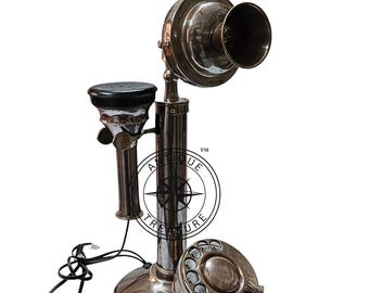 Handmade Brass Candlestick Rotary Telephone, Antique Style Reproduction Desk Display