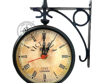 Vintage Victoria Station Clock: Double-Sided Black Iron Railway Timepiece