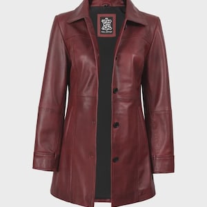 Burgundy Lambskin Leather Long Coat: Handmade Button-Up Blazer