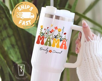 Personalized Mama 40oz Tumbler with Kids Names, Gift for Mom, Custom Mothers Day Keepsake Tumbler with Handle, Floral Mom Cup, Gift From Kid