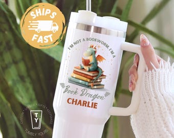 Personalized Book Lover 40oz Tumbler, Custom Gift for Bookworm with Name, Book Dragon Tumbler, Cute Fantasy Dragon Ice Coffee Travel Cup
