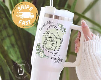 Personalized New Mom 40oz Tumbler, Gift for Mom To Be, Custom Mothers Day Keepsake Tumbler with Handle, Congratulations New Mom Gift Tumbler