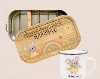 Kinder Geschenkset personalisiert | Brotdose & Emaille Tasse mit Namen | Lunchbox Edelstahl | Geschenk für Kinder | Taufgeschenk