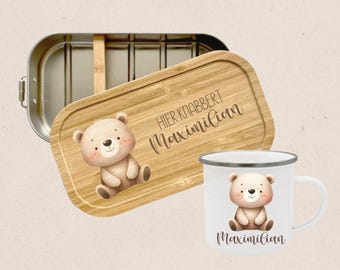 Personalisiertes Kinder Geschenkset | Brotdose & Emaille Tasse mit Namen | Lunchbox Edelstahl | Geschenk für Kinder | Taufgeschenk