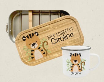 Kinder Geschenkset personalisiert | Brotdose & Emaille Tasse mit Namen | Lunchbox Edelstahl | Geschenk für Kinder | Taufe Geschenk