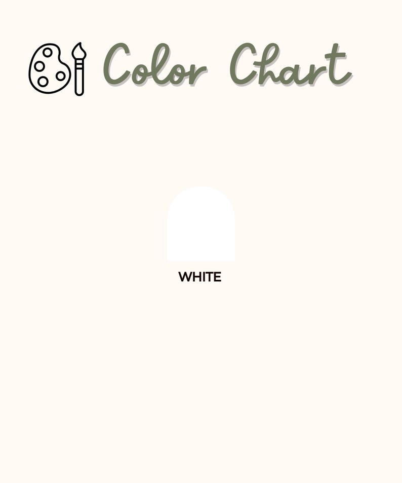 May include: A color chart with the text "Color Chart" in a green, handwritten font. A white arch shape is below the text, with the word "WHITE" in black text beneath it. A paint palette and brush icon is in the upper left corner.