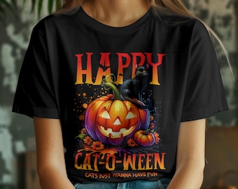ハロウィン キャットオーウィーンTシャツ、楽しいハロウィンTシャツ、不気味な猫Tシャツ、ユニセックスハロウィンアパレル、秋のお祝いシャツ