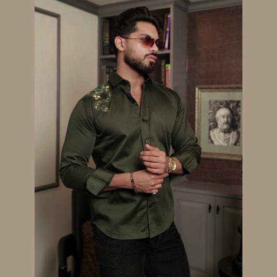 Olive Satin Shirt, Rhinestone Handwork, Clubwear