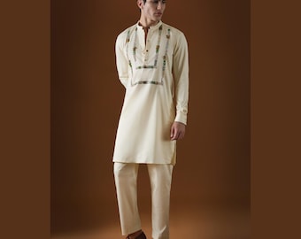 Men’s Cream Hand-Embroidered Kurta Pajama Set, Wedding Kurta for Men, Traditional Indian Ethnic Wear.