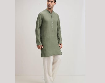 Kurta de lino puro para hombre, color verde oliva sólido, kurta étnica, ropa de verano, tradicional en función.