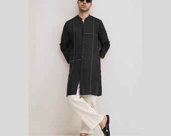 Kurta de lino negro elegante para hombre / Kurta de verano larga y étnica minimalista moderna.
