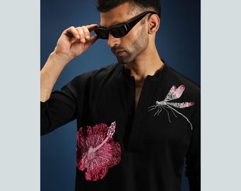 Black Hand-Embroidered Kurta Set for Men | Sequin Work Designer Kurta Pajama | Wedding & Sangeet Outfit