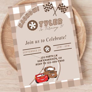 Kachow Boys Birthday Invitation Card, Editable and Printable, Lightning Mcqueen & Tow Mater Cars Themed Card