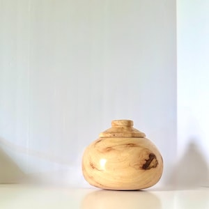 May include: A handcrafted wooden jar with a lid. The jar is light brown with darker brown wood grain patterns. The jar has a rounded body and a small, circular lid. The jar is sitting on a white surface.