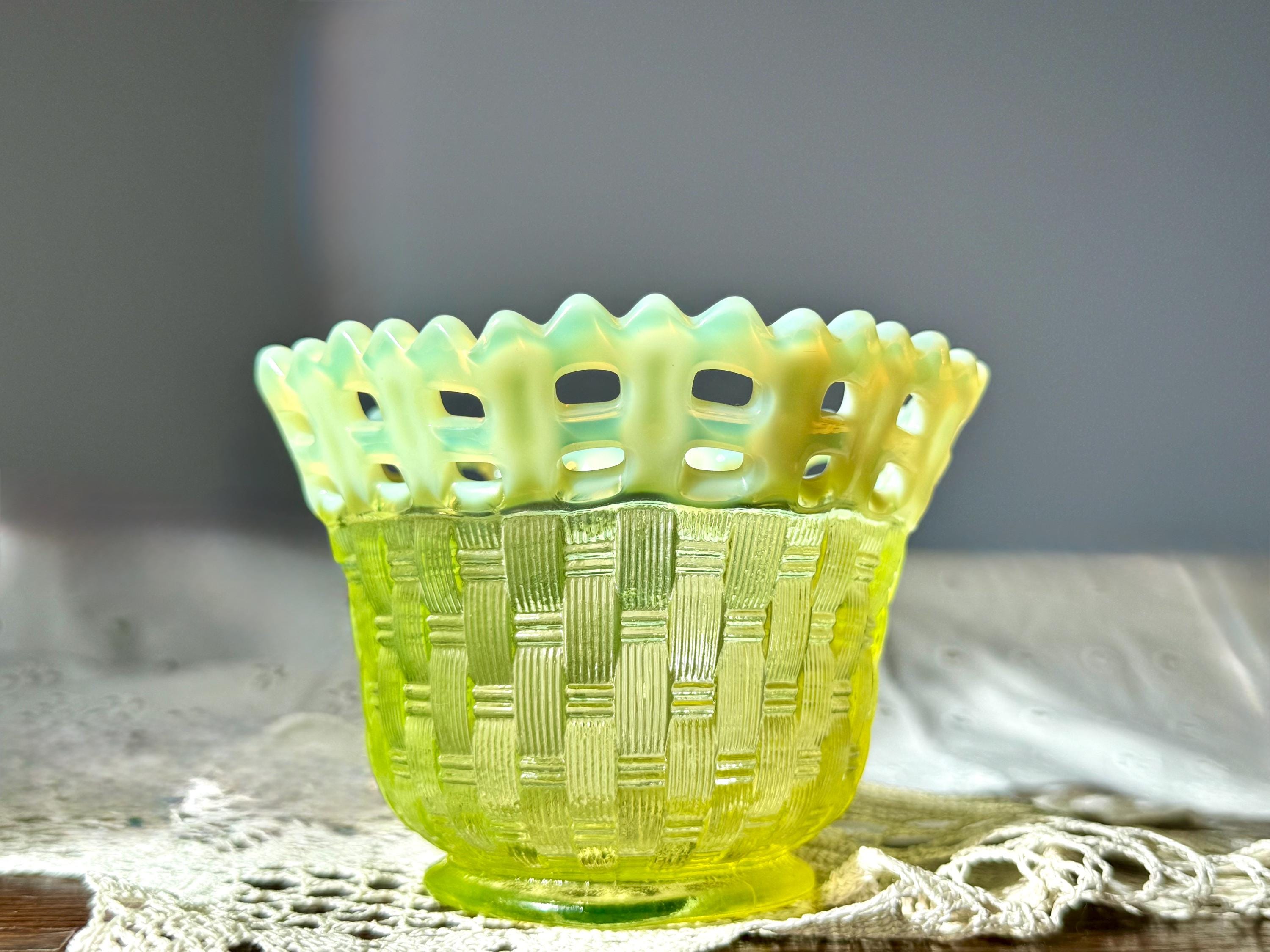 Vintage Fenton Uranium Glass Basket | Vaseline Glass, Weave