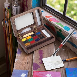 12 colors travel set portable paint box, Watercolor Palette walnut box,Travel Watercolor Kit Sketchbook, Artist Paint Set, Gift for Painters