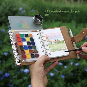 Leather Watercolor Travel Kit, A7 Palette and Sketchbook, Gift For Her