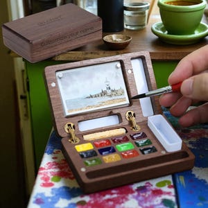 12 colors travel set portable paint box, Watercolor Palette walnut box,Travel Watercolor Kit Sketchbook, Artist Paint Set, Gift for Painters